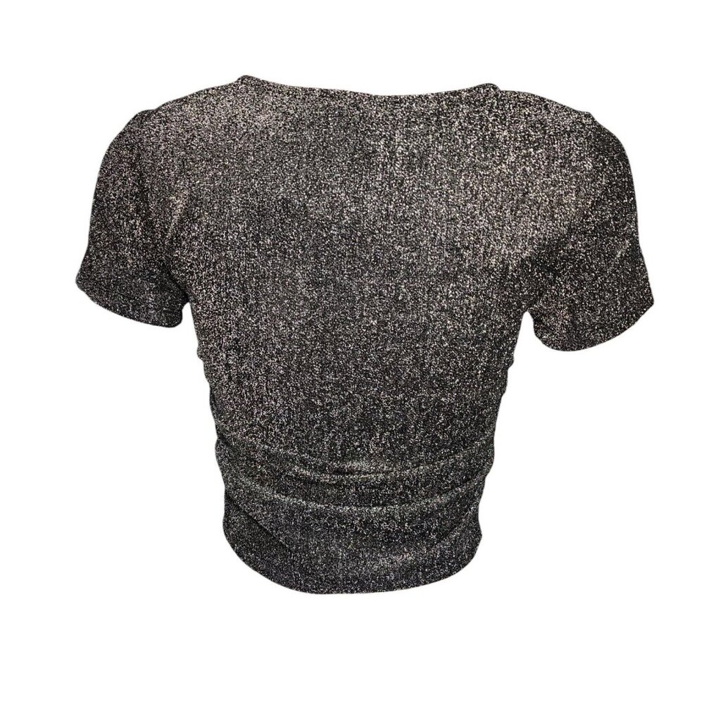 NWT FOREVER 21 Black Silver Glitter Short Sleeve Ruched Front Top Womens Size L - Picture 3 of 8